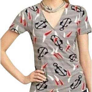 TALBOTS Navy & White Faux Wrap Nautical Print Ruched Top EUC Size‎ S